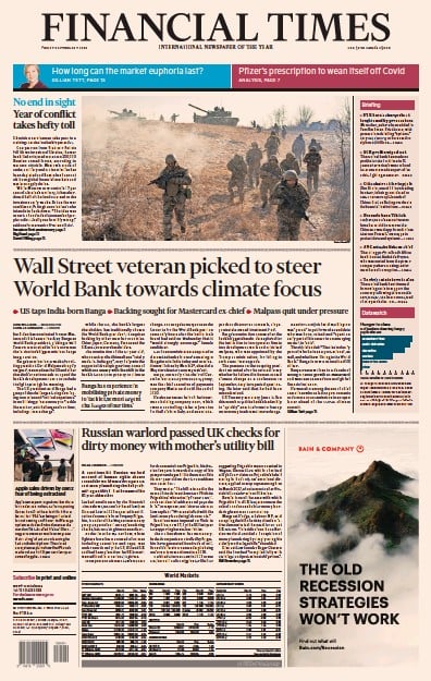 Financial Times (UK) Newspaper Front Page for 24 February 2023
