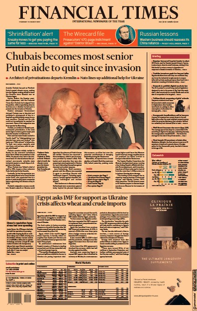 Financial Times Newspaper Front Page for 24 March 2022