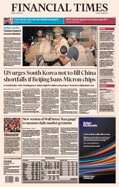 Financial Times (UK) Newspaper Front Page for 24 April 2023