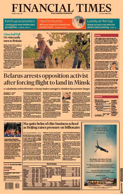Financial Times Newspaper Front Page for 24 May 2021