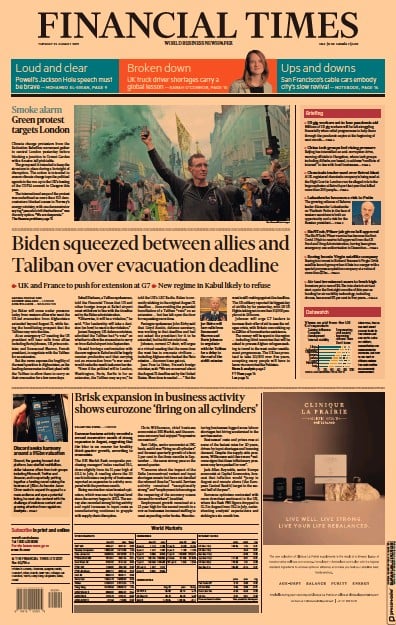 Financial Times (UK) Newspaper Front Page for 24 August 2021