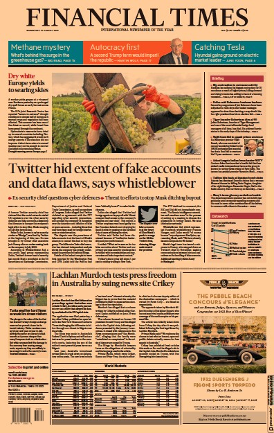 Financial Times (UK) Newspaper Front Page for 24 August 2022