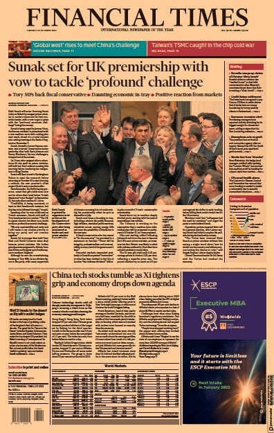 Financial Times Newspaper Front Page for 25 October 2022