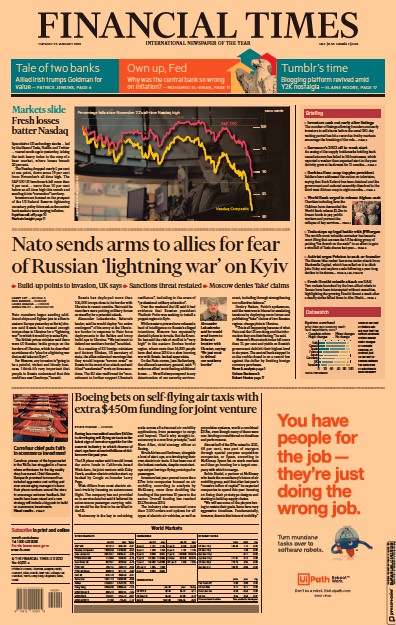 Financial Times (UK) Newspaper Front Page for 25 January 2022