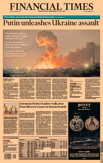 Financial Times (UK) Newspaper Front Page for 25 February 2022