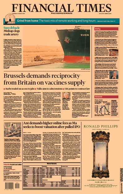 Financial Times (UK) Newspaper Front Page for 25 March 2021