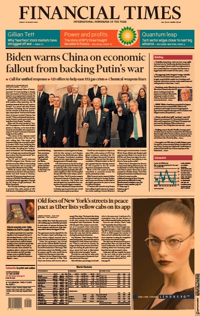 Financial Times Newspaper Front Page for 25 March 2022