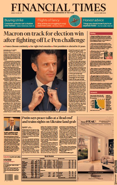 Financial Times (UK) Newspaper Front Page for 25 April 2022
