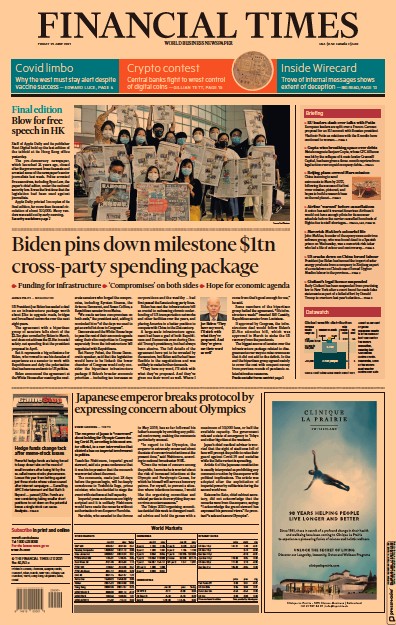 Financial Times (UK) Newspaper Front Page for 25 June 2021