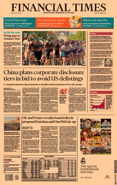 Financial Times Newspaper Front Page for 25 July 2022