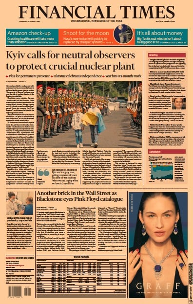 Financial Times (UK) Newspaper Front Page for 25 August 2022
