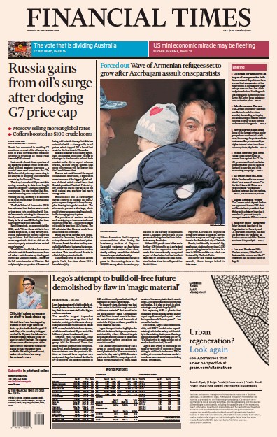 Financial Times Newspaper Front Page for 25 September 2023