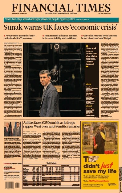 Financial Times Newspaper Front Page for 26 October 2022