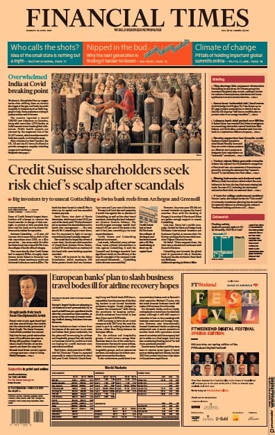 Financial Times (UK) Newspaper Front Page for 26 April 2021