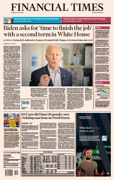 Financial Times (UK) Newspaper Front Page for 26 April 2023