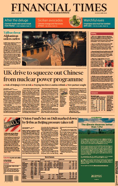 Financial Times (UK) Newspaper Front Page for 26 July 2021