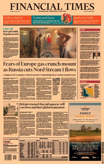Financial Times Newspaper Front Page for 26 July 2022
