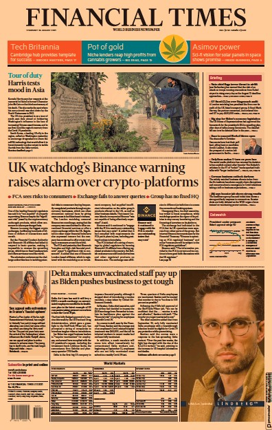Financial Times (UK) Newspaper Front Page for 26 August 2021