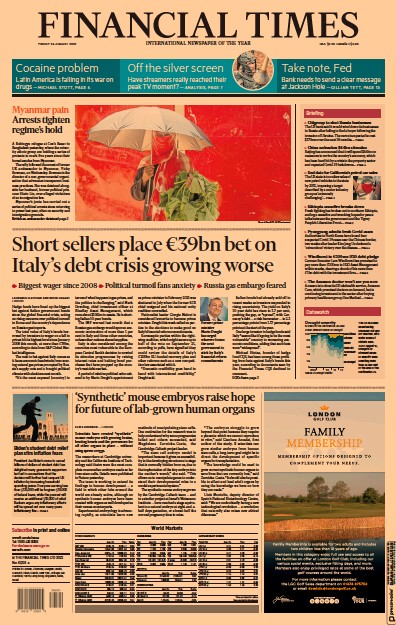 Financial Times (UK) Newspaper Front Page for 26 August 2022