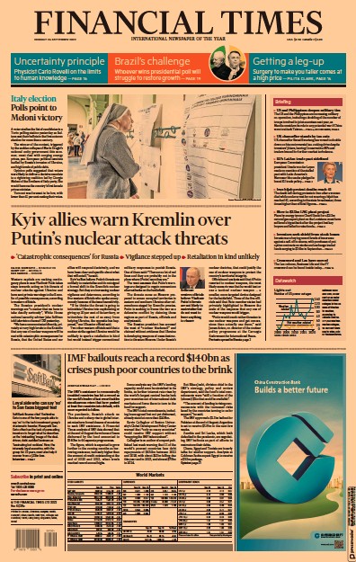 Financial Times (UK) Newspaper Front Page for 26 September 2022