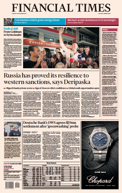 Financial Times Newspaper Front Page for 26 September 2023