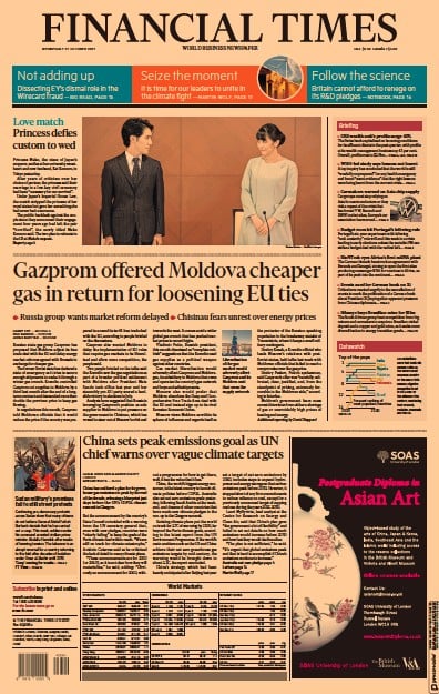 Financial Times (UK) Newspaper Front Page for 27 October 2021