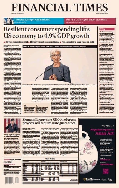 Financial Times (UK) Newspaper Front Page for 27 October 2023