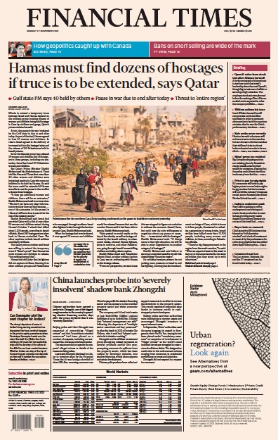 Financial Times (UK) Newspaper Front Page for 27 November 2023