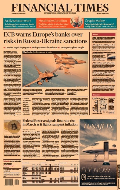 Financial Times (UK) Newspaper Front Page for 27 January 2022