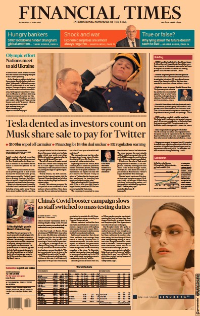 Financial Times (UK) Newspaper Front Page for 27 April 2022