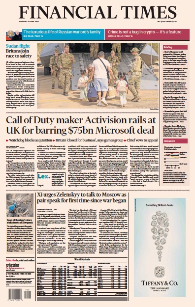 Financial Times (UK) Newspaper Front Page for 27 April 2023