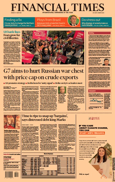 Financial Times (UK) Newspaper Front Page for 27 June 2022