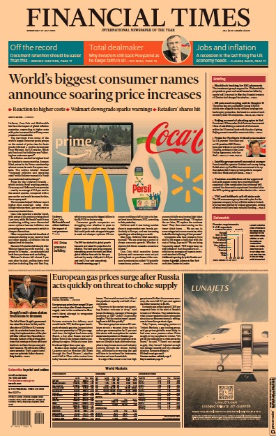 Financial Times Newspaper Front Page for 27 July 2022