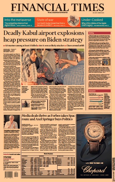 Financial Times (UK) Newspaper Front Page for 27 August 2021