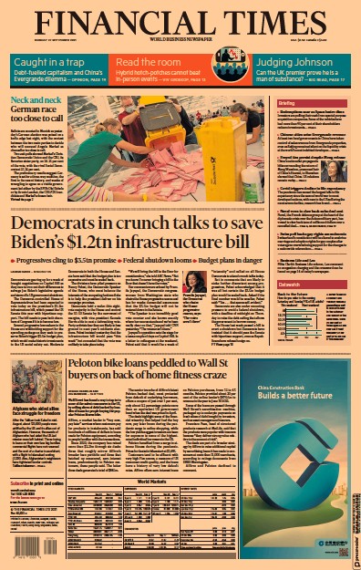 Financial Times (UK) Newspaper Front Page for 27 September 2021