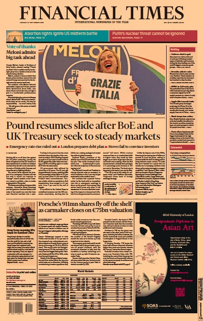 Financial Times (UK) Newspaper Front Page for 27 September 2022