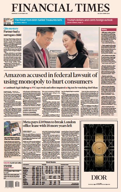 Financial Times Newspaper Front Page for 27 September 2023