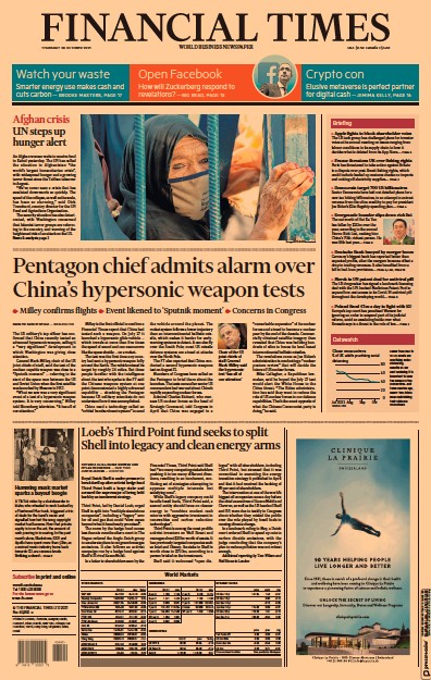 Financial Times (UK) Newspaper Front Page for 28 October 2021
