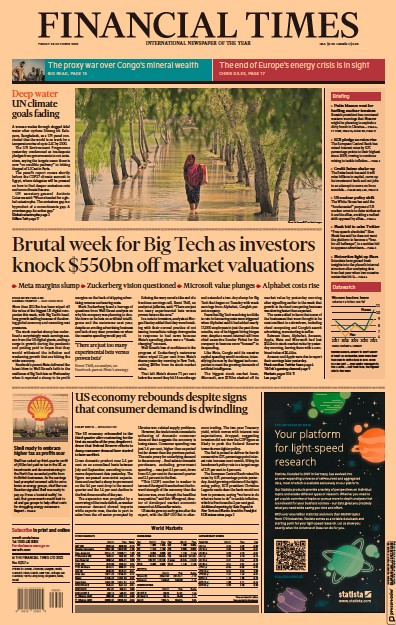 Financial Times Newspaper Front Page for 28 October 2022