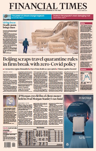Financial Times Newspaper Front Page for 28 December 2022