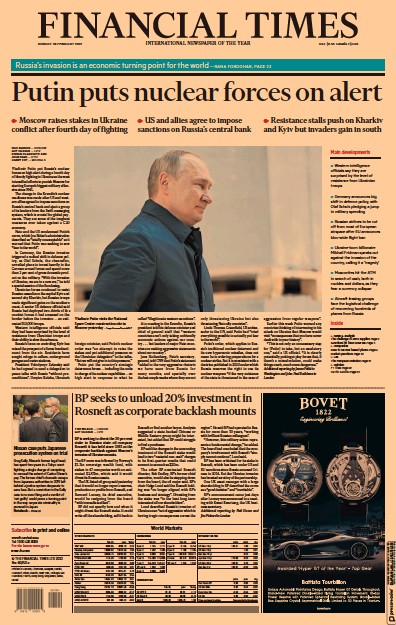 Financial Times (UK) Newspaper Front Page for 28 February 2022