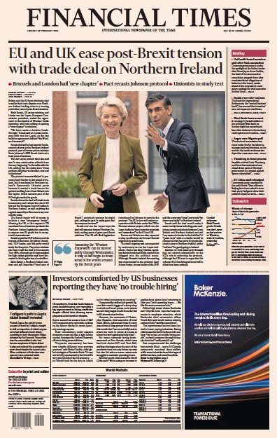 Financial Times (UK) Newspaper Front Page for 28 February 2023