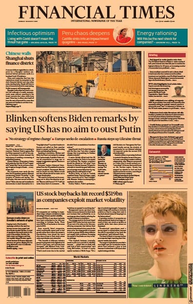 Financial Times (UK) Newspaper Front Page for 28 March 2022