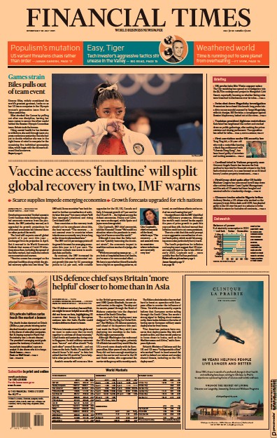 Financial Times (UK) Newspaper Front Page for 28 July 2021