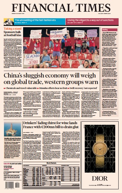 Financial Times (UK) Newspaper Front Page for 28 August 2023