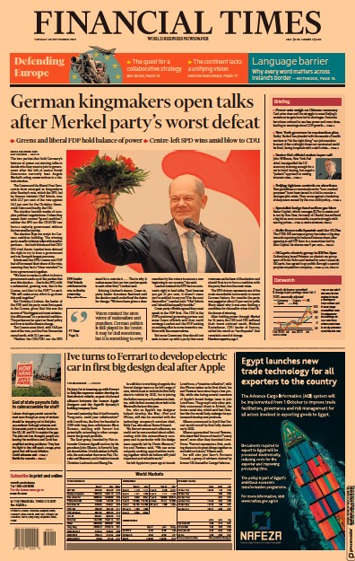 Financial Times (UK) Newspaper Front Page for 28 September 2021