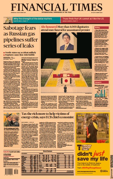 Financial Times (UK) Newspaper Front Page for 28 September 2022