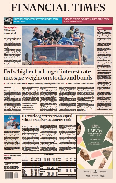Financial Times Newspaper Front Page for 28 September 2023
