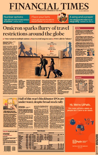 Financial Times (UK) Newspaper Front Page for 29 November 2021