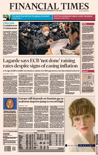 Financial Times (UK) Newspaper Front Page for 29 November 2022